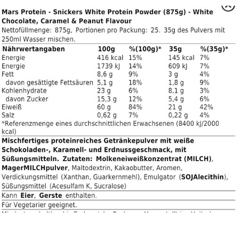 Snickers HI Protein 875g White Choc, Caramel&Peanut